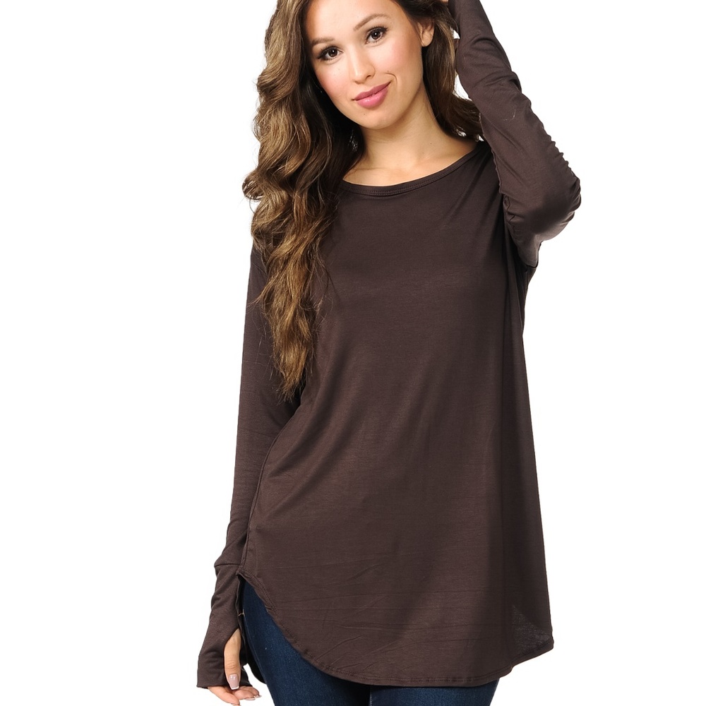Brown Curved Hem Top With Thumb Hole Tunic